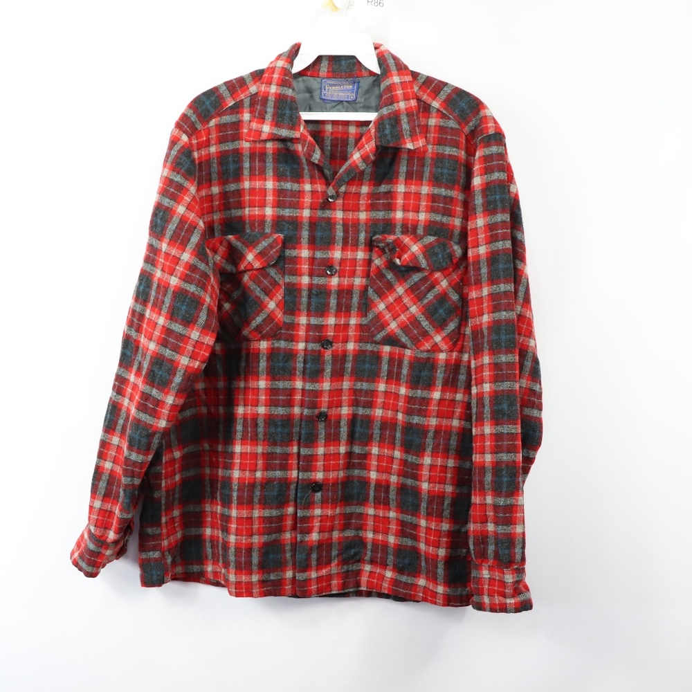 60s Pendleton Mens Large Wool Plaid Button Shirt